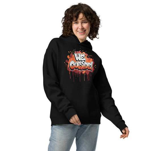 AfroDrip 'We Outside' Unisex Oversized Hoodie in black, straight front view showing oversized fit and 'We Outside' graphic print