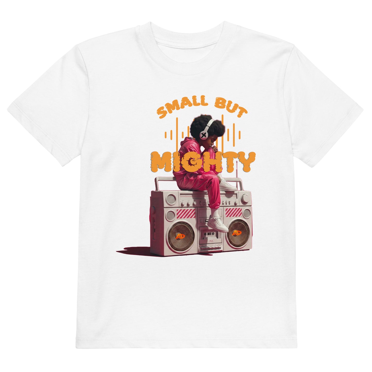 AfroDrip 'Small But Mighty' Unisex Organic Cotton Kids T-Shirt in white, angled front view showing graphic design