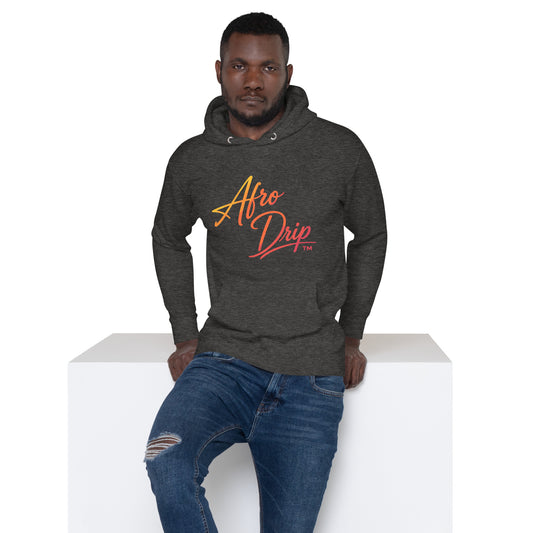 AfroDrip Stacked Unisex Pullover Hoodie in charcoal heather, front view showing stacked logo graphic