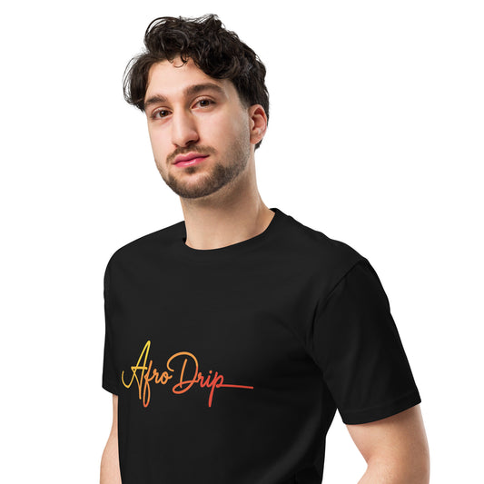 AfroDrip Unisex Premium T-Shirt in black, angled left-front view showing the AfroDrip logo graphic print