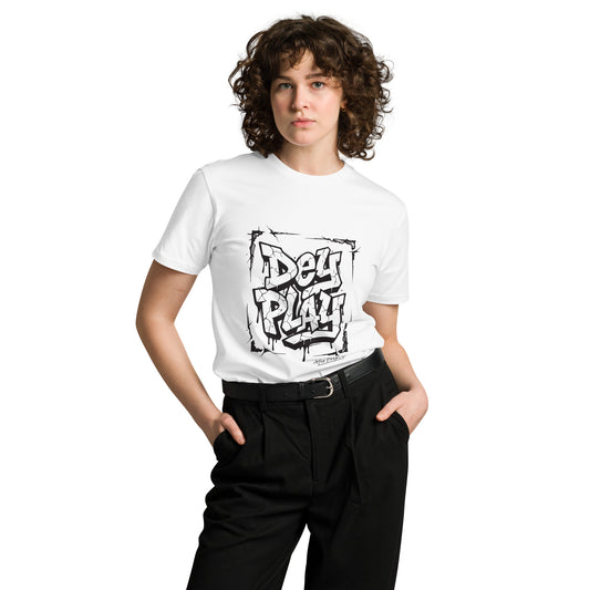 AfroDrip 'Dey Play' Unisex Premium Graffiti T-Shirt in white, front flat-lay view showing one-color graphic print