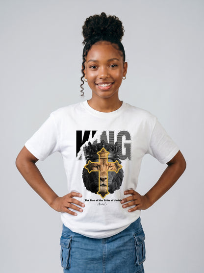 King of Kings lion crown cross Christian kids tee