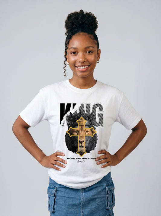 King of Kings lion crown cross Christian kids tee