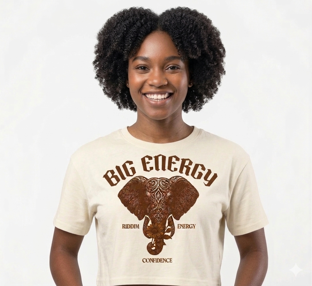 AfroDrip 'Big Energy' Women's Crop Top illustrated mockup showing the graphic print design and cropped silhouette