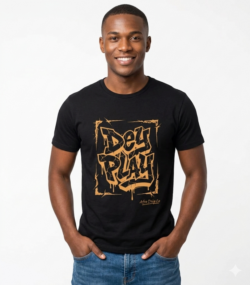AfroDrip 'Dey Play' Unisex Premium Graffiti Tee illustrated mockup showing the one-color street art graphic on front