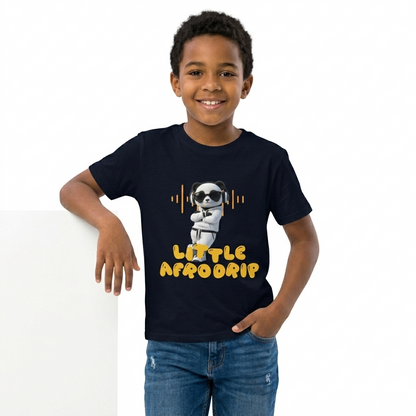 AfroDrip 'Little Afrodrip' Kids T-Shirt illustrated mockup showing a child wearing the Afrobeats-inspired graphic tee