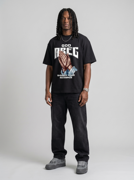 God Abeg praying hands rosary Christian streetwear tee