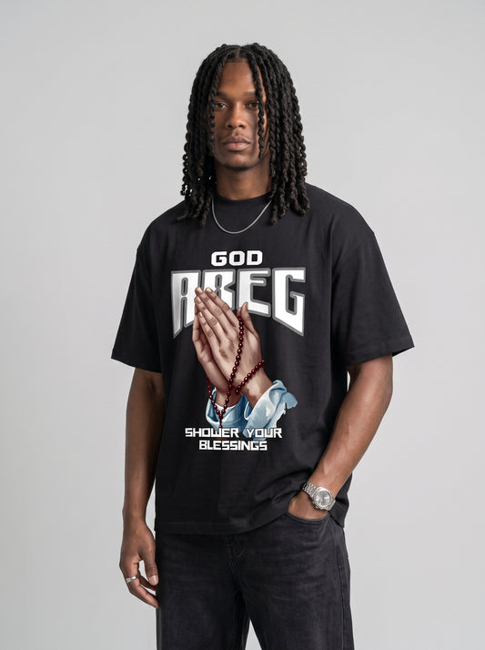 God Abeg praying hands rosary Christian streetwear tee