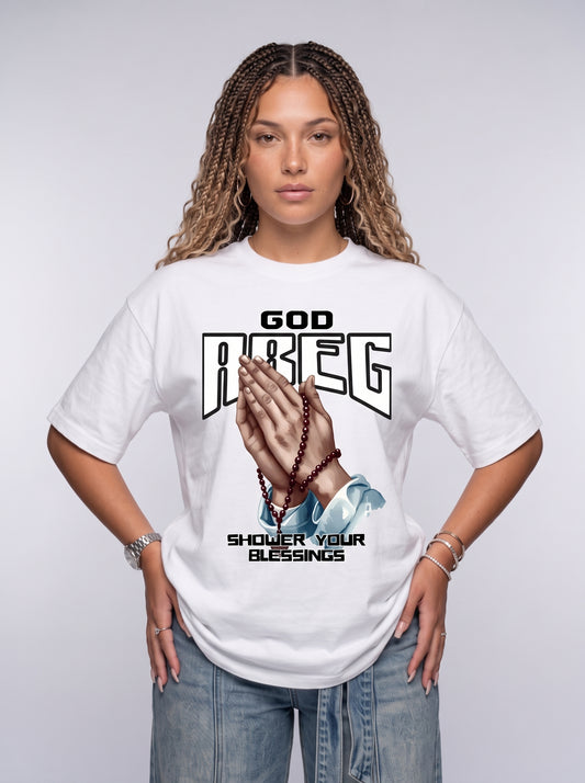 God Abeg praying hands rosary Christian streetwear tee