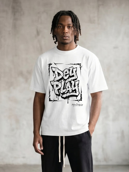 AfroDrip 'Dey Play' Graffiti Tee modelled on two people showing how the one-color street art graphic looks when worn