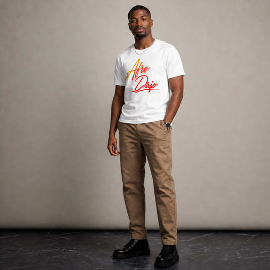 AfroDrip Unisex Premium T-Shirt illustrated mockup showing the new 'Flo' Afrocentric graphic design in detail
