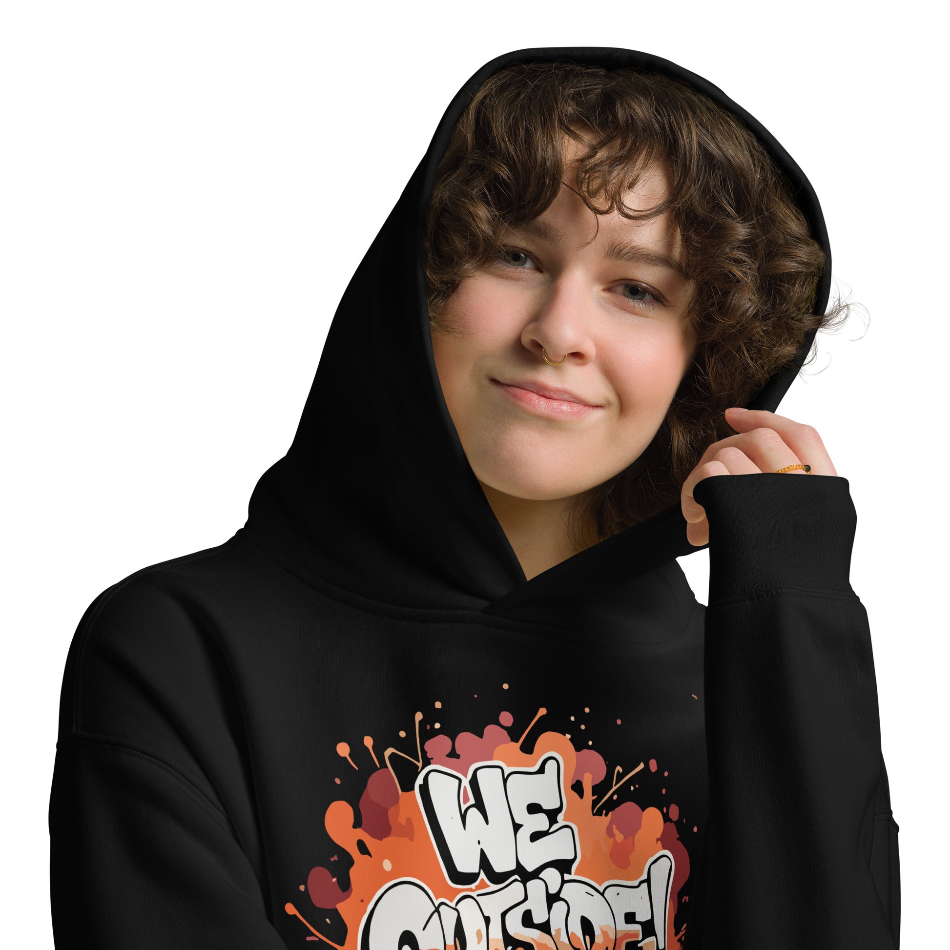 AfroDrip 'We Outside' Unisex Oversized Hoodie in black, angled front view showing dropped shoulders and oversized silhouette with graphic