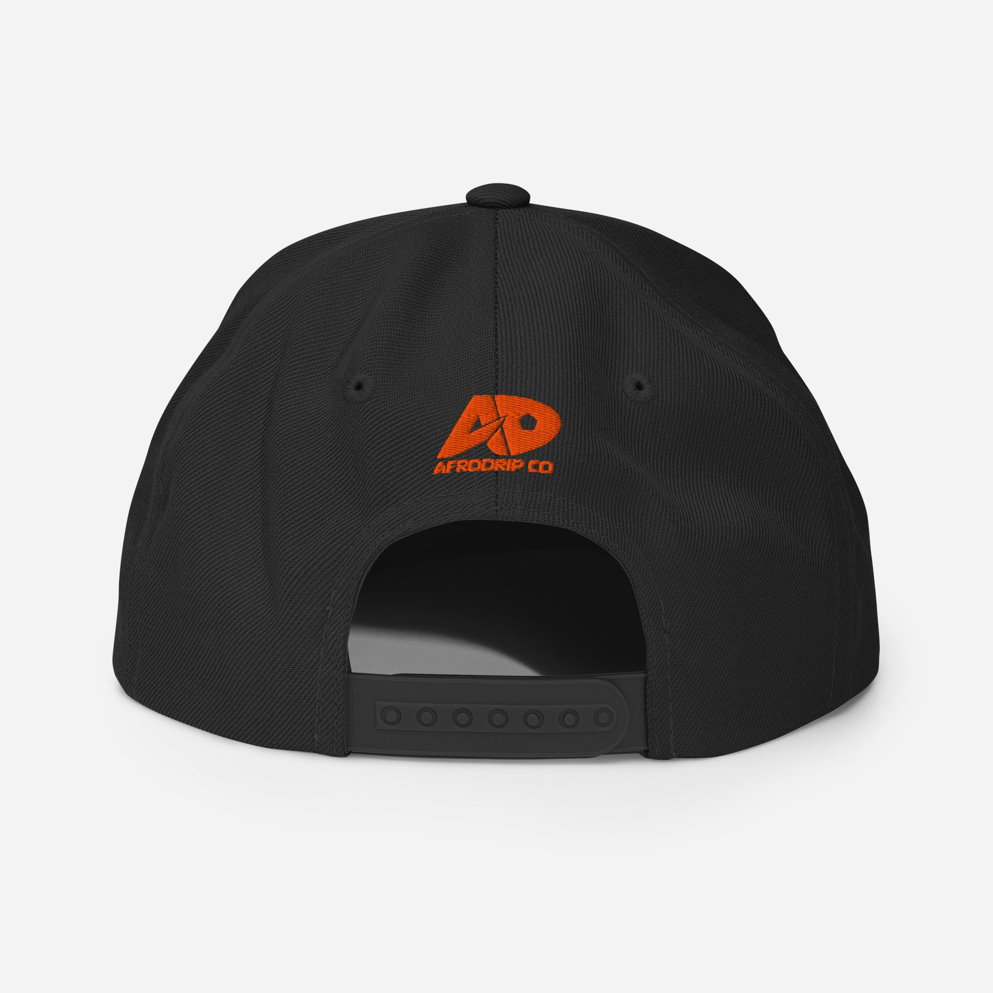 AfroDrip Classic Snapback Hat in black, front view showing embroidered AfroDrip logo on the crown panel