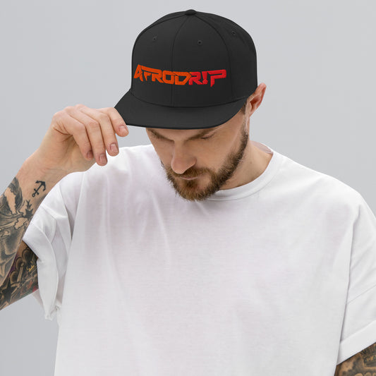 AfroDrip Classic Snapback Hat in black, front view showing embroidered AfroDrip logo on the crown panel