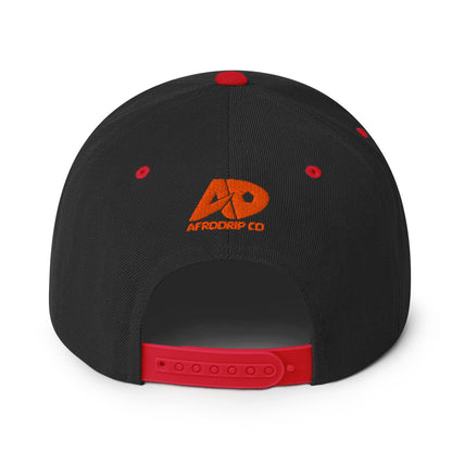 AfroDrip Classic Snapback Hat in black, front view showing embroidered AfroDrip logo on the crown panel
