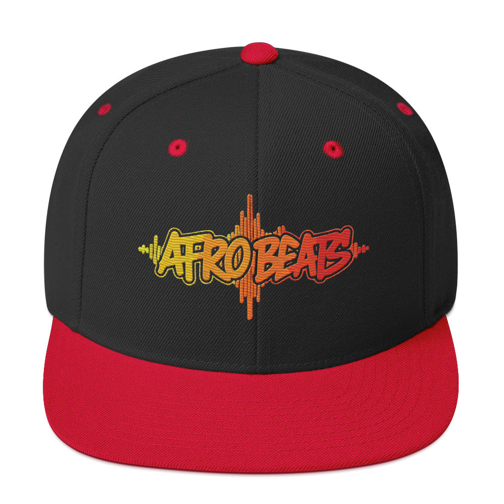 AfroDrip AfroBeats Snapback Hat in black, front view showing embroidered logo or graphic on the crown panel