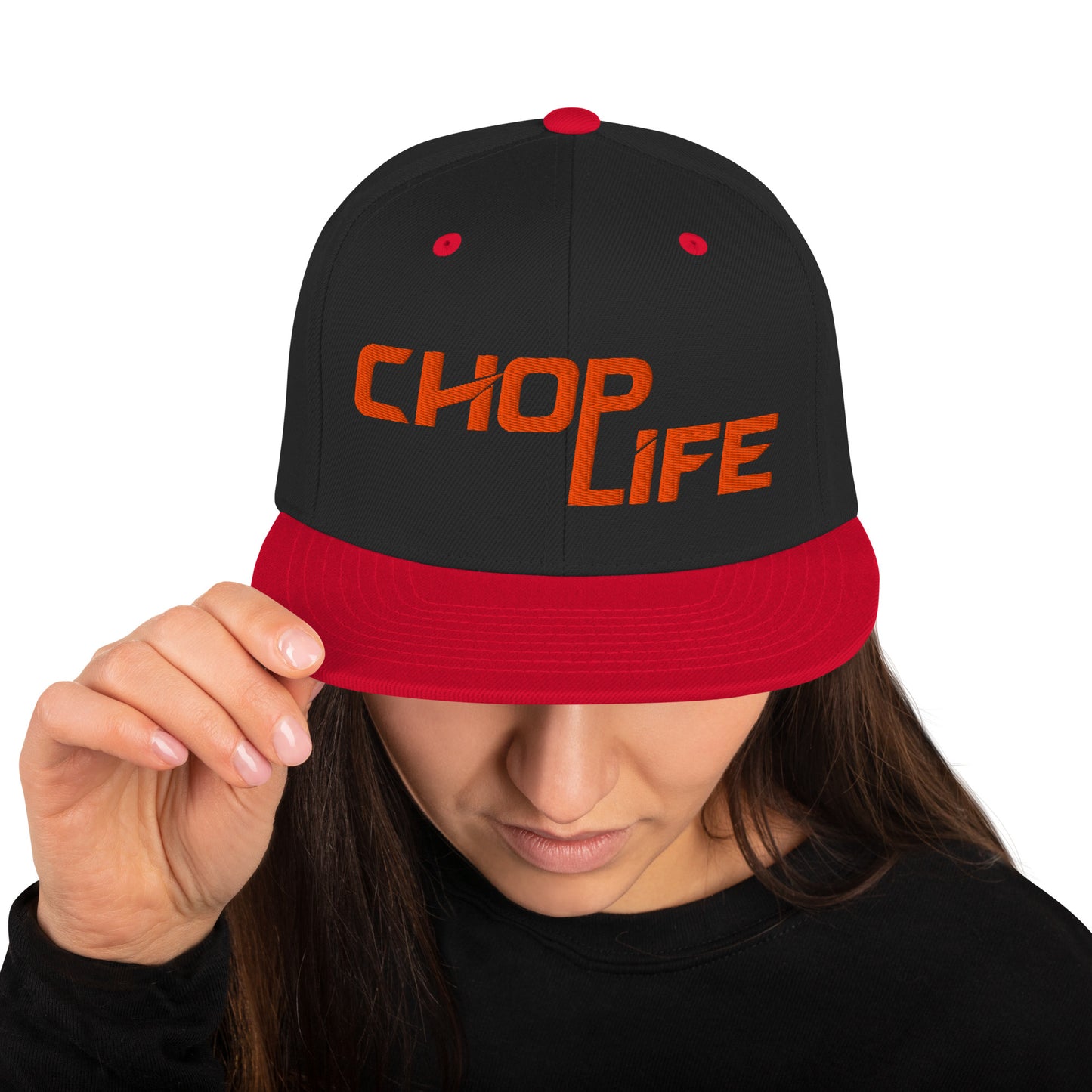 AfroDrip 'Chop Life' Snapback Hat in black, front view showing embroidered 'Chop Life' text or logo on the crown