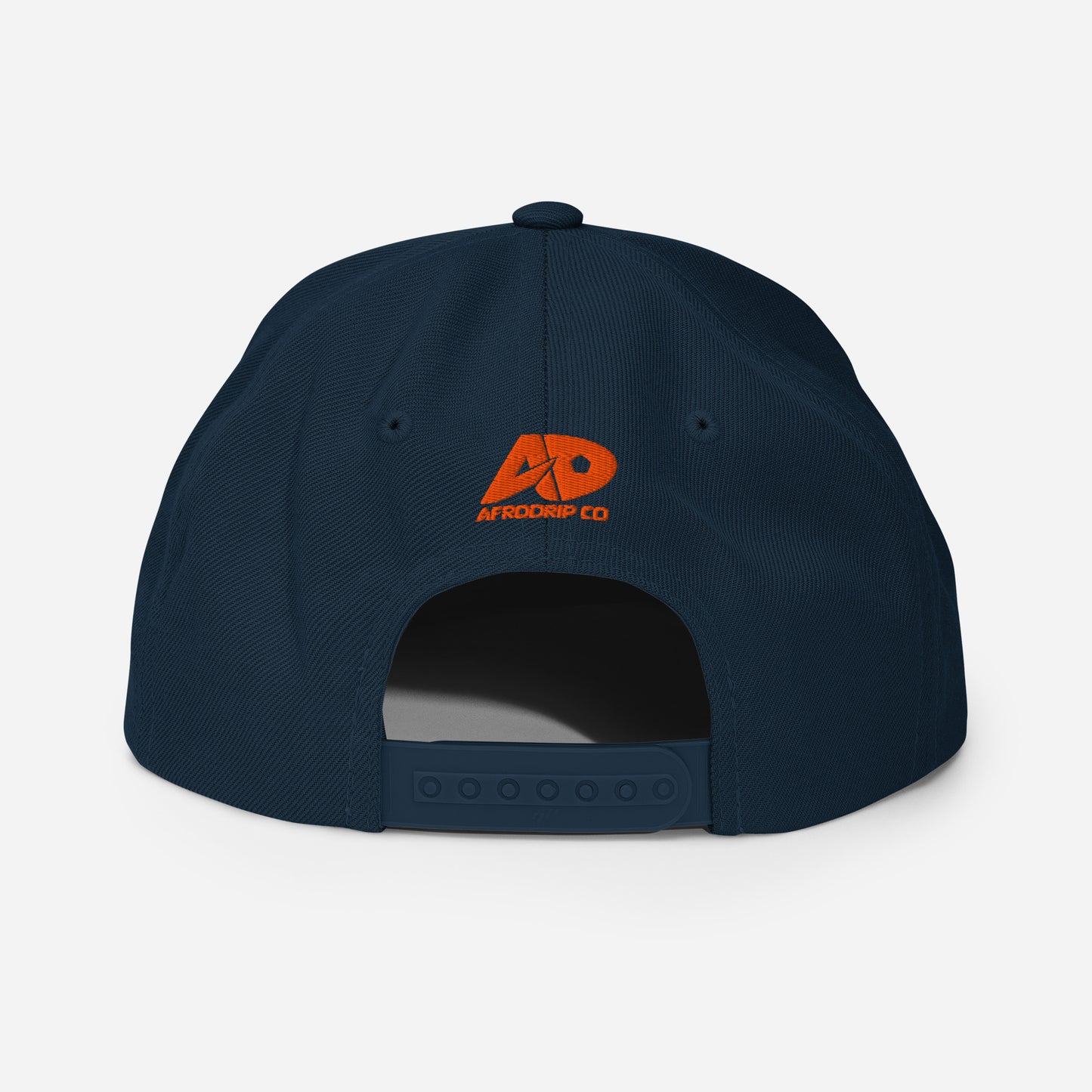 AfroDrip Classic Snapback Hat in black, front view showing embroidered AfroDrip logo on the crown panel