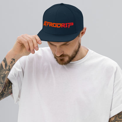 AfroDrip Classic Snapback Hat in black, front view showing embroidered AfroDrip logo on the crown panel