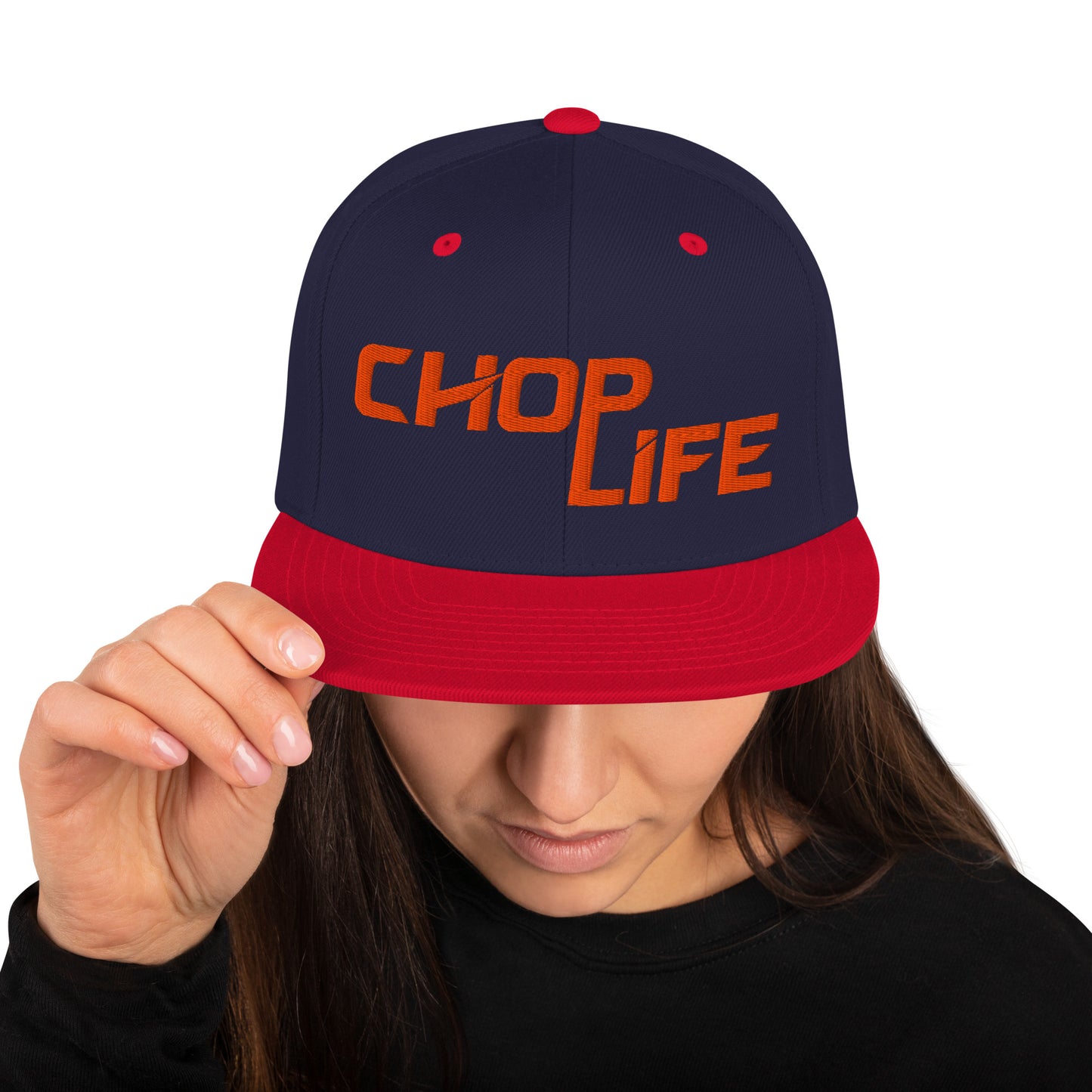 AfroDrip 'Chop Life' Snapback Hat in black, front view showing embroidered 'Chop Life' text or logo on the crown