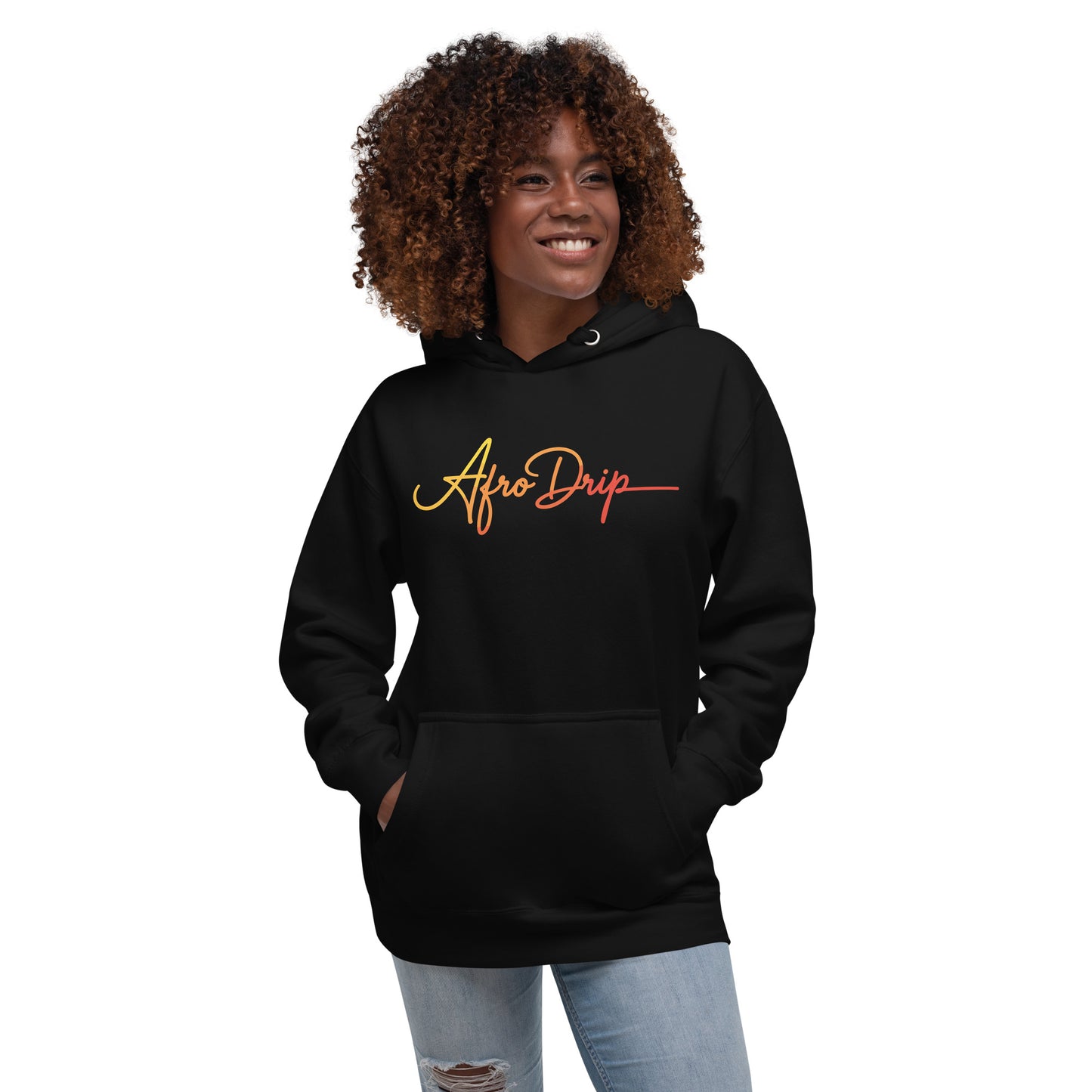 AfroDrip Classic Unisex Pullover Hoodie in black, front view, featuring the AfroDrip logo embroidered on the chest