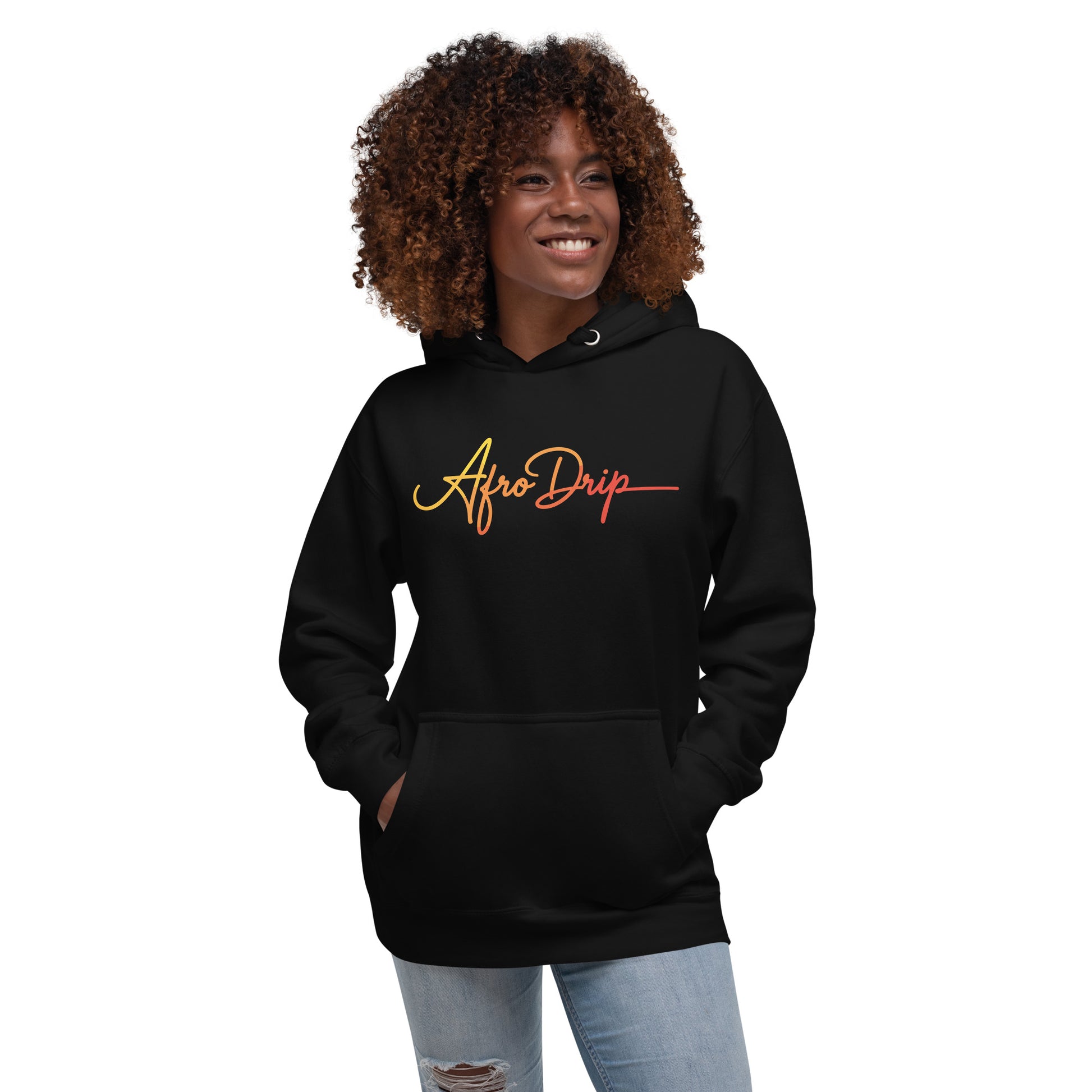 AfroDrip Classic Unisex Pullover Hoodie in black, front view, featuring the AfroDrip logo embroidered on the chest