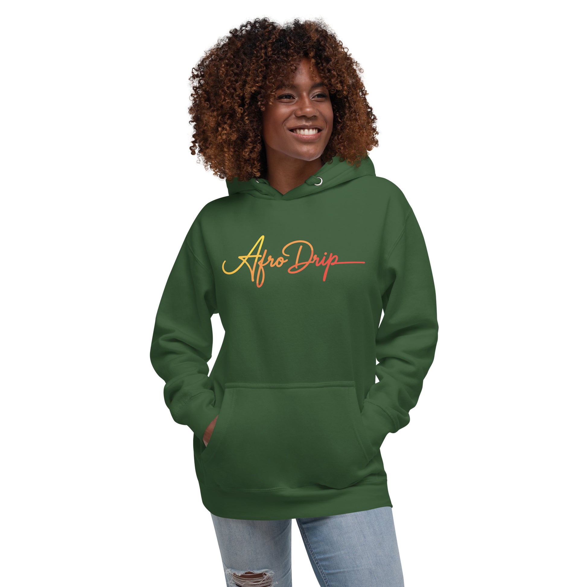 AfroDrip Classic Unisex Pullover Hoodie in black, front view, featuring the AfroDrip logo embroidered on the chest