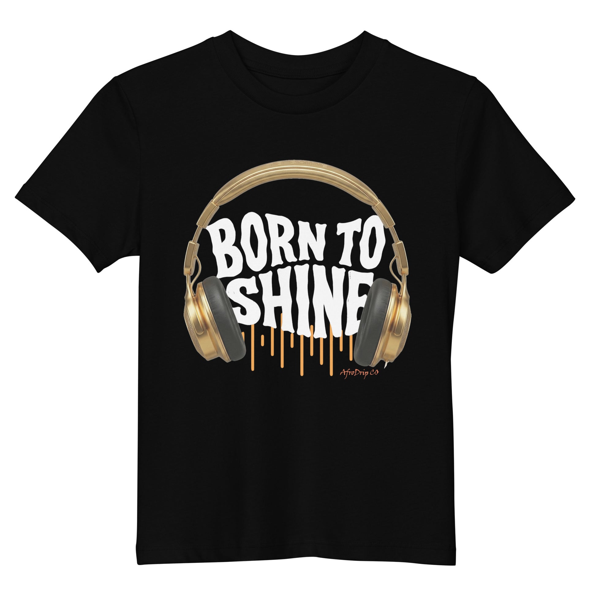 AfroDrip 'Born To Shine' Kids Organic Cotton T-Shirt in black, front view showing graphic print