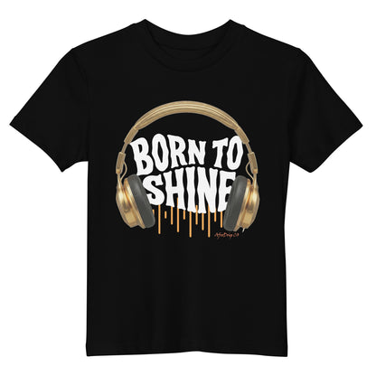 AfroDrip 'Born To Shine' Kids Organic Cotton T-Shirt in black, front view showing graphic print