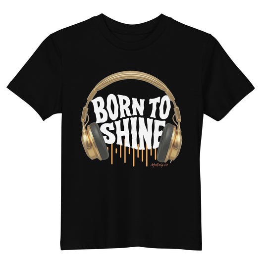 AfroDrip 'Born To Shine' Kids Organic Cotton T-Shirt in black, front view showing graphic print