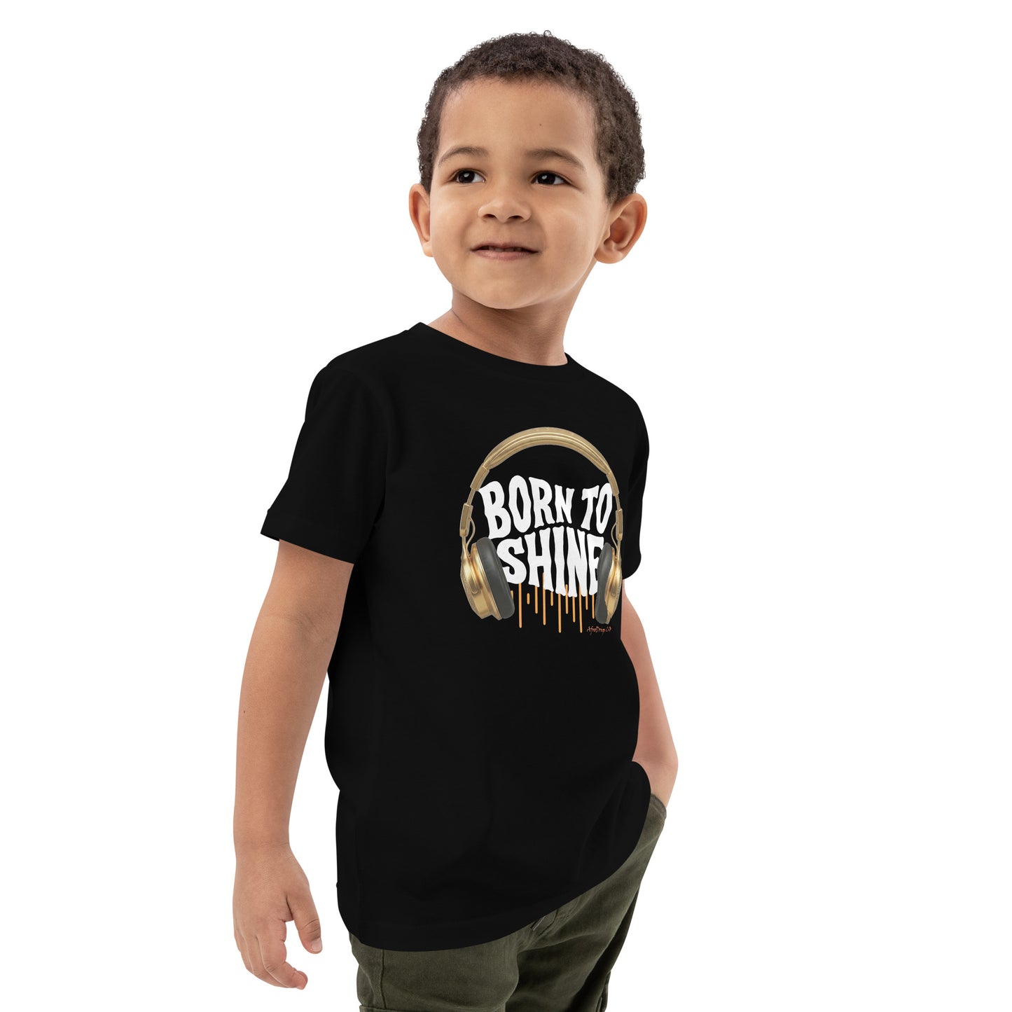 AfroDrip 'Born To Shine' Kids Organic Cotton T-Shirt in French navy, angled front view showing graphic design