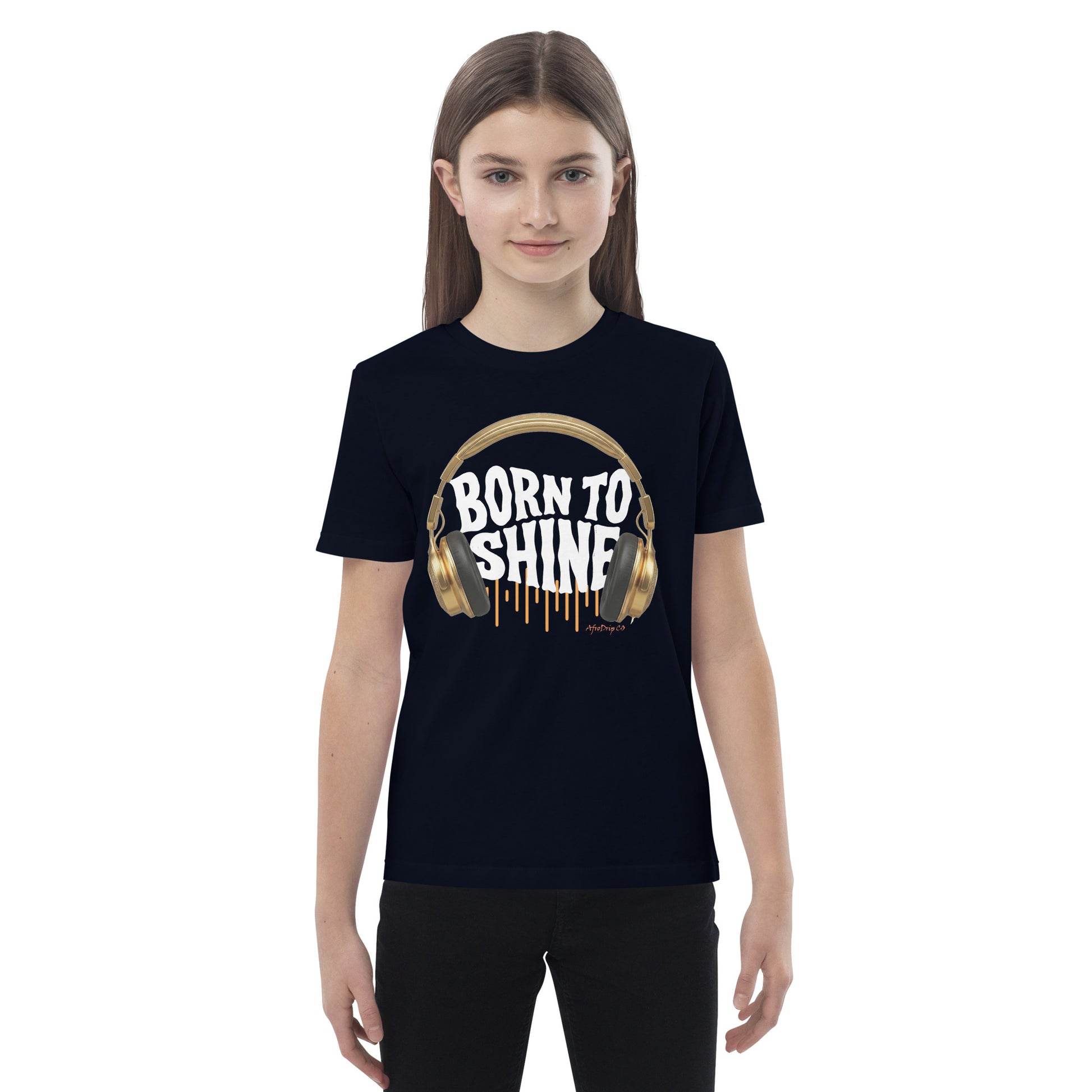 AfroDrip 'Born To Shine' Kids Organic Cotton T-Shirt in French navy, angled front view showing graphic design