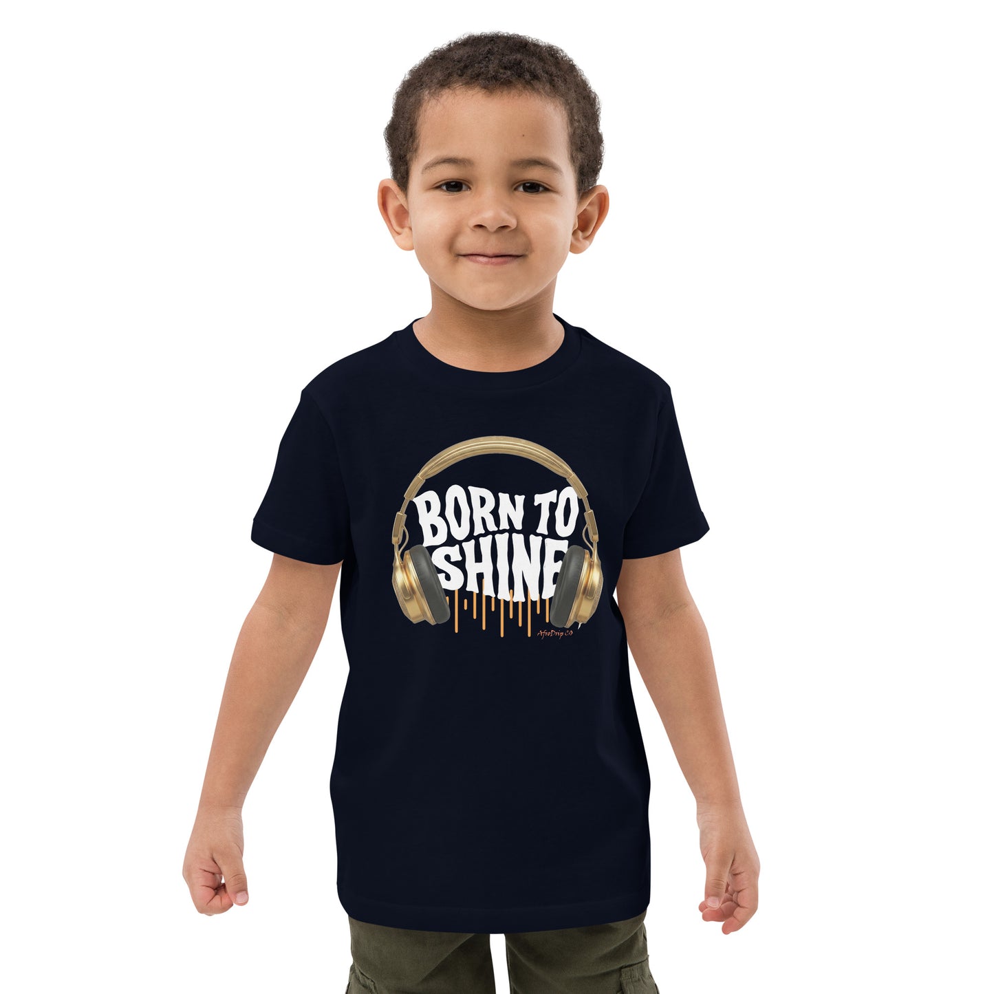 AfroDrip 'Born To Shine' Kids Organic Cotton T-Shirt in French navy, angled front view showing graphic design
