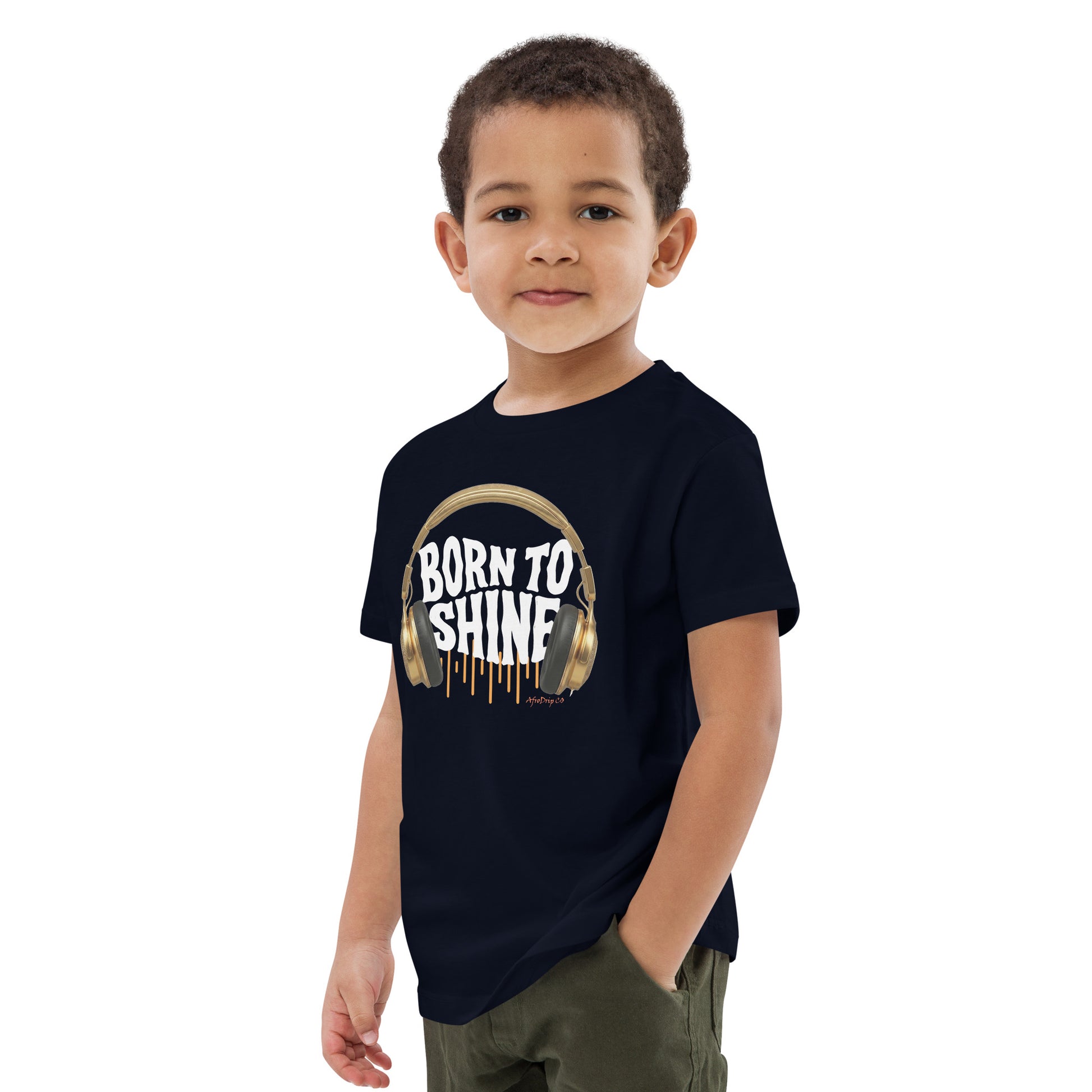 AfroDrip 'Born To Shine' Kids Organic Cotton T-Shirt in French navy, angled front view showing graphic design