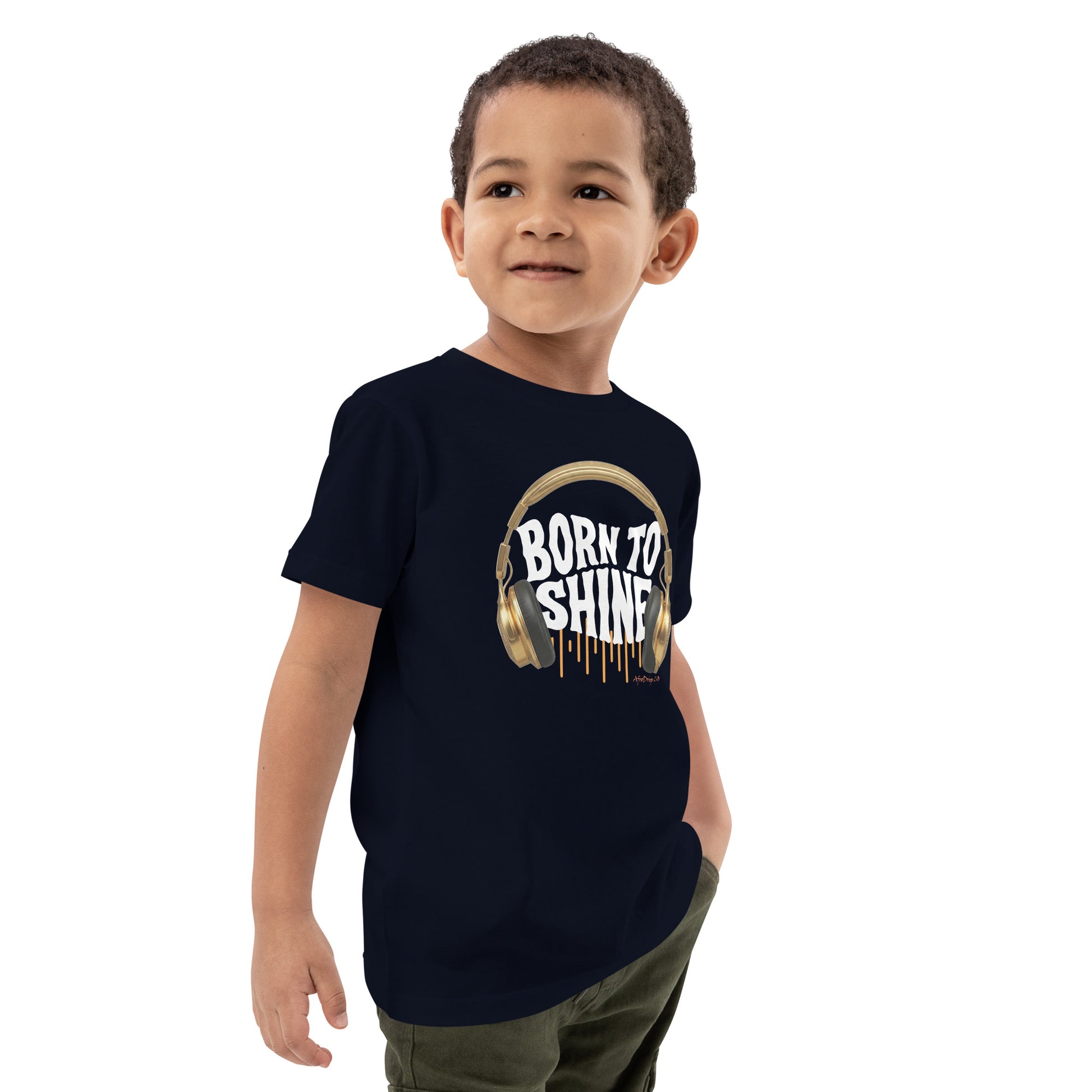 AfroDrip 'Born To Shine' Kids Organic Cotton T-Shirt in French navy, angled front view showing graphic design