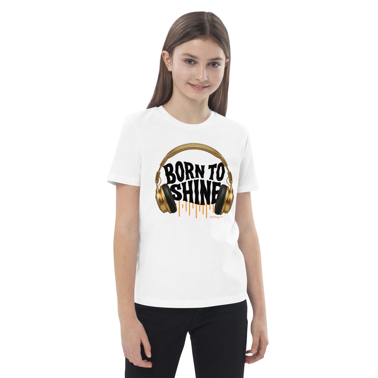 AfroDrip 'Born To Shine' Kids Organic Cotton T-Shirt in white, front view showing graphic print