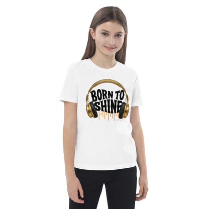 AfroDrip 'Born To Shine' Kids Organic Cotton T-Shirt in white, front view showing graphic print