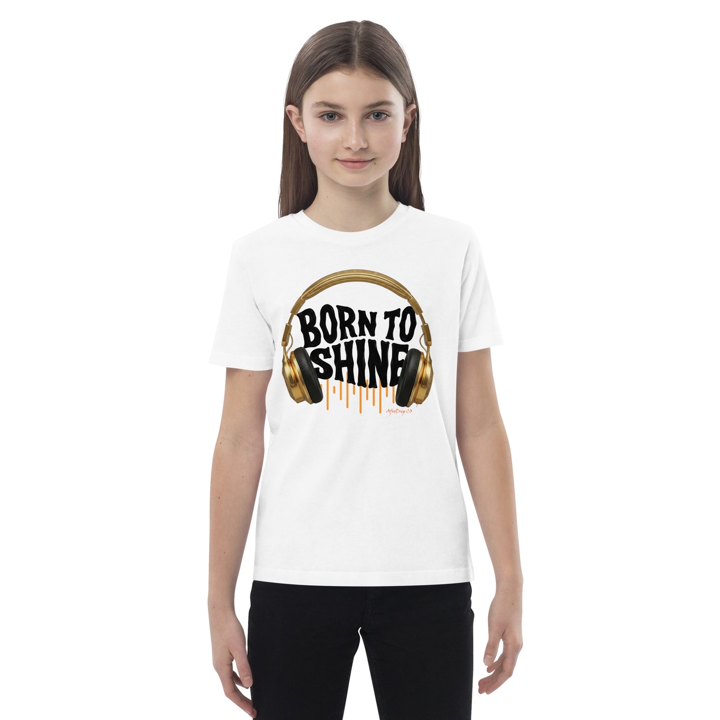 AfroDrip 'Born To Shine' Kids Organic Cotton T-Shirt in white, front view showing graphic print
