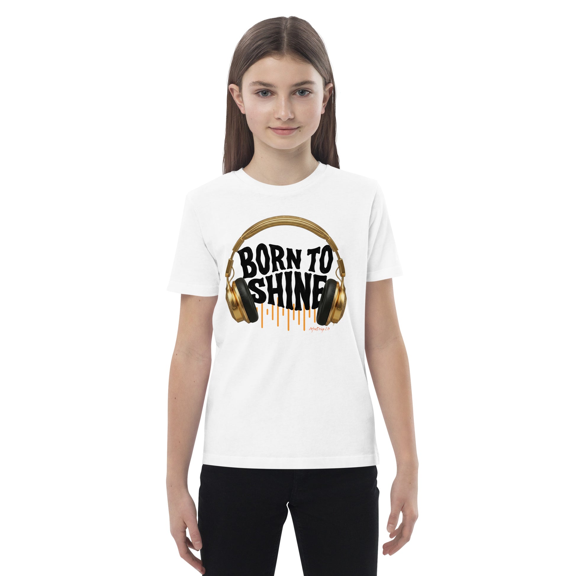 AfroDrip 'Born To Shine' Kids Organic Cotton T-Shirt in white, front view showing graphic print