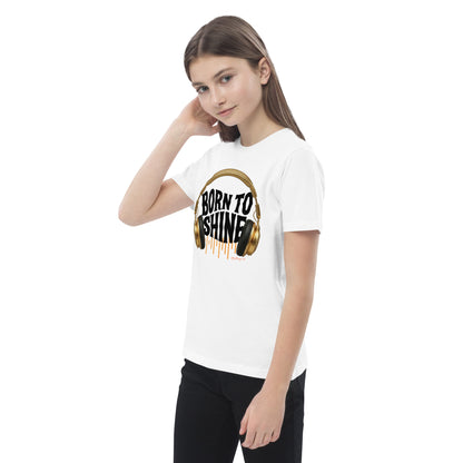AfroDrip 'Born To Shine' Kids Organic Cotton T-Shirt in white, front view showing graphic print