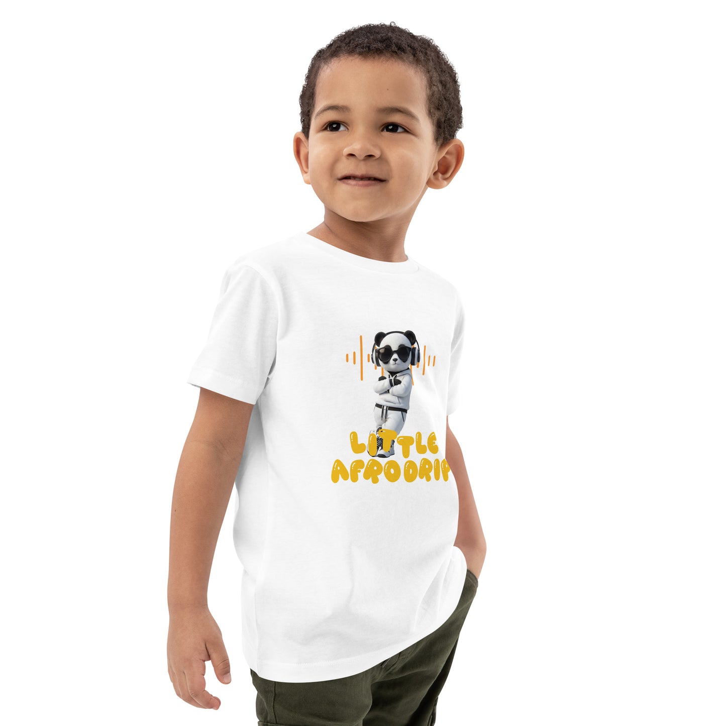 AfroDrip 'Little Afrodrip' Kids T-Shirt illustrated mockup showing a child wearing the Afrobeats-inspired graphic tee