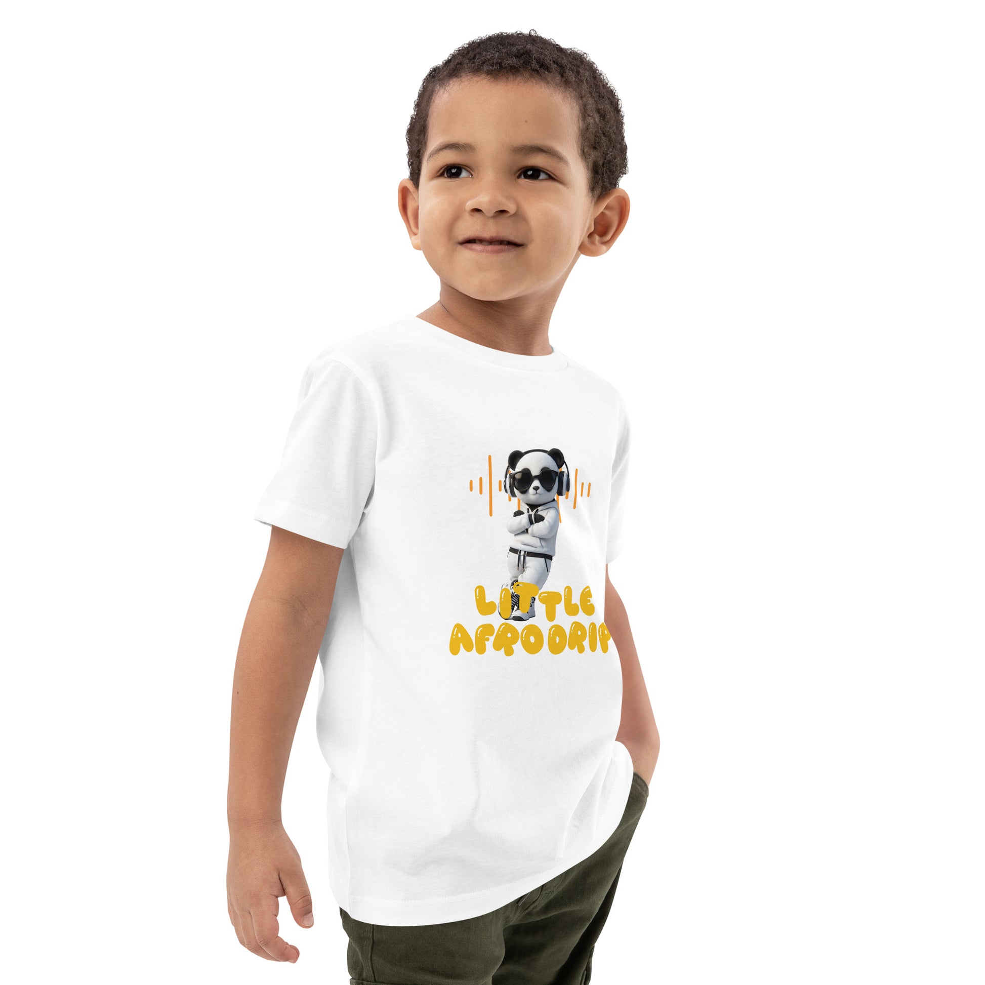 AfroDrip 'Little Afrodrip' Kids T-Shirt illustrated mockup showing a child wearing the Afrobeats-inspired graphic tee