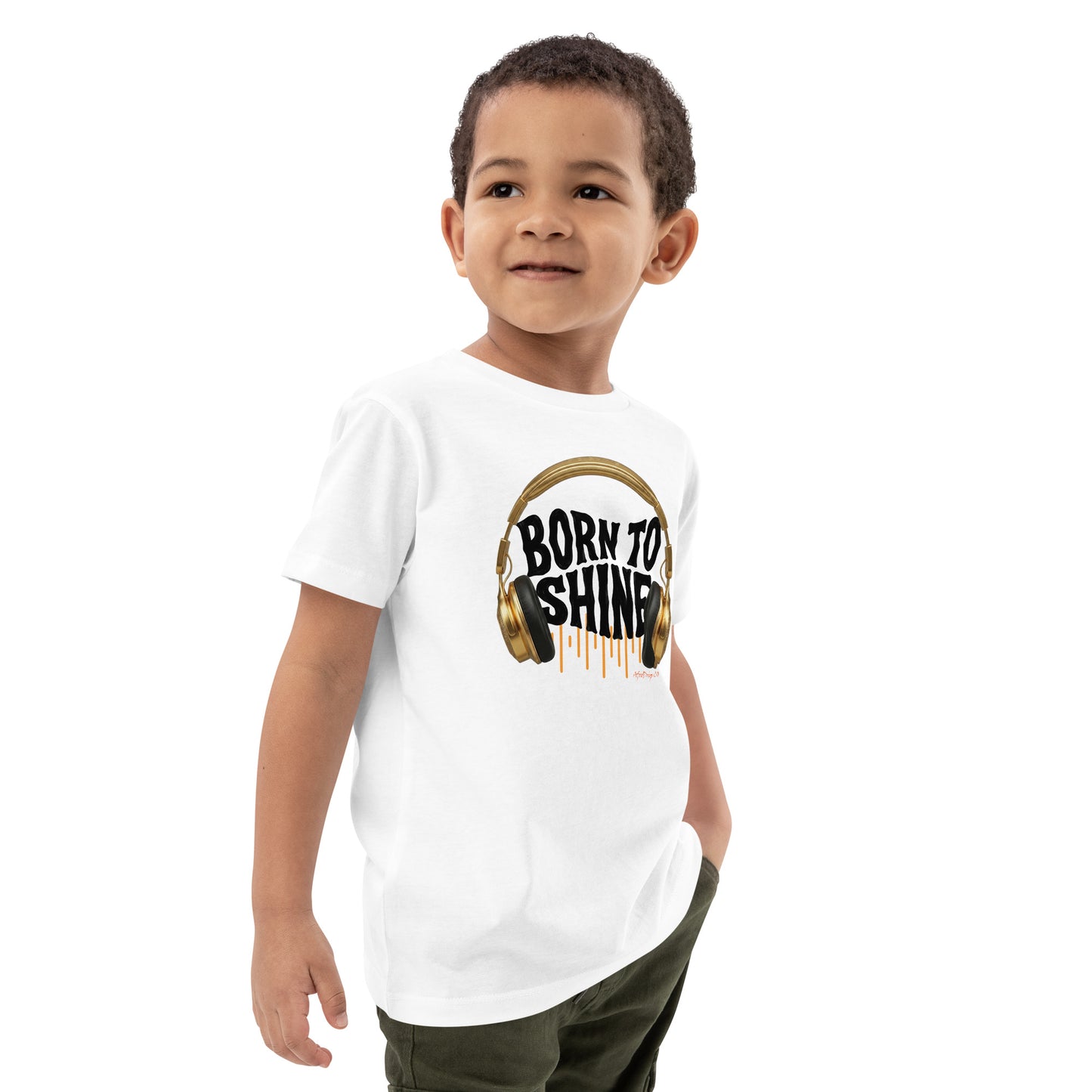 AfroDrip 'Born To Shine' Kids Organic Cotton T-Shirt in white, angled right-front view showing graphic design
