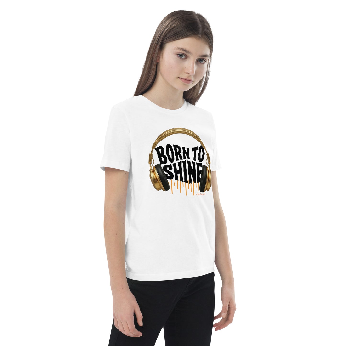 AfroDrip 'Born To Shine' Kids Organic Cotton T-Shirt in white, front view showing graphic print