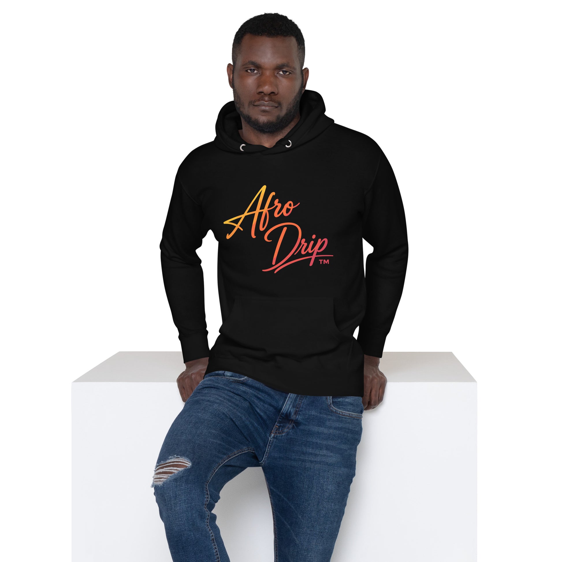 AfroDrip Stacked Unisex Pullover Hoodie in black, front view showing layered AfroDrip stacked logo graphic