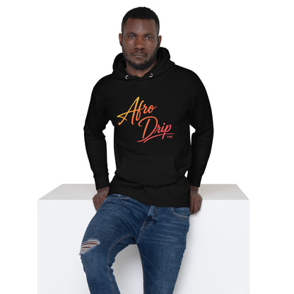 AfroDrip Stacked Unisex Pullover Hoodie in black, front view showing layered AfroDrip stacked logo graphic
