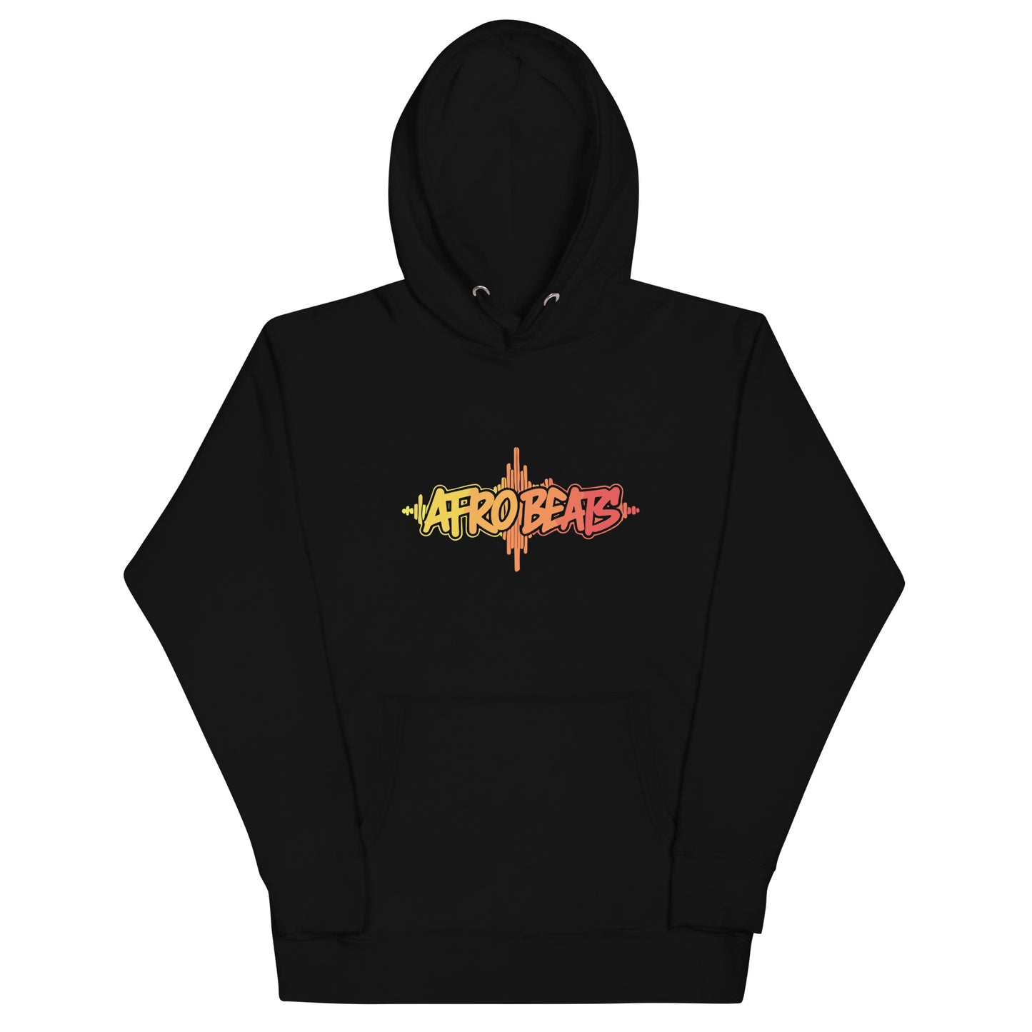 AfroDrip AfroBeats Unisex Pullover Hoodie in black, front flat-lay view showing the AfroBeats graphic print on chest
