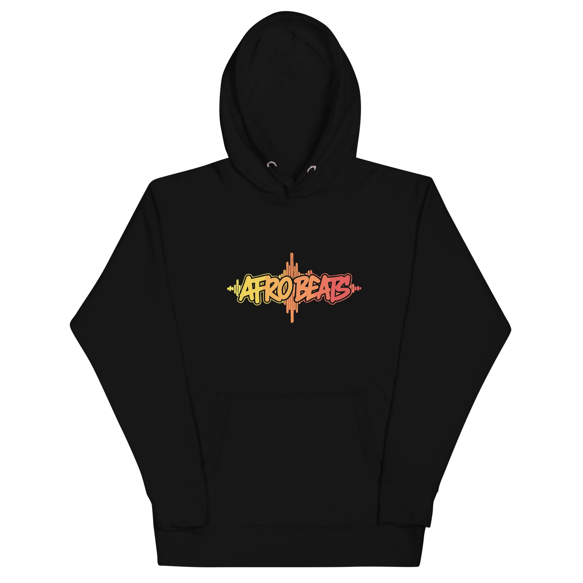 AfroDrip AfroBeats Unisex Pullover Hoodie in black, front flat-lay view showing the AfroBeats graphic print on chest