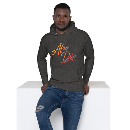 AfroDrip Stacked Unisex Pullover Hoodie in charcoal heather, front view showing stacked logo graphic