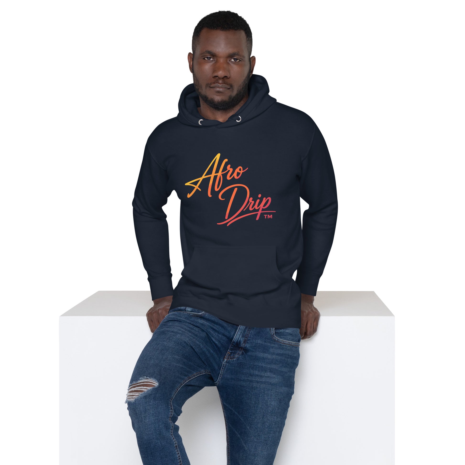 AfroDrip Stacked Unisex Pullover Hoodie in black, front view showing layered AfroDrip stacked logo graphic